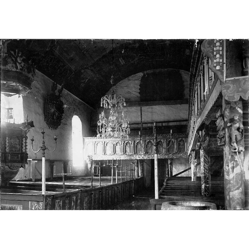 view of the church before the 1900 expansion and modifications; the upper end of the basin of the medieval font is visible in the bottom-right corner of the image, in the north side of the nave, east end