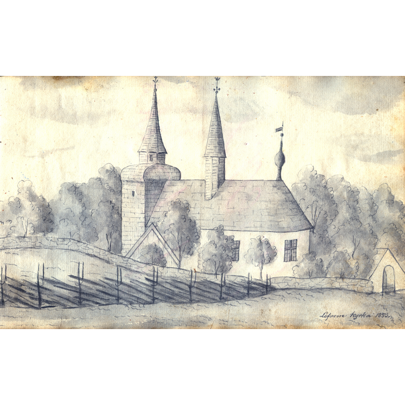 Source caption: "Laverad tuschteckning av Levene kyrka, daterad 1833 Källa: Stifts- och landsbiblioteket i Skara: MS Geografi Västergötland 1, bild 44"