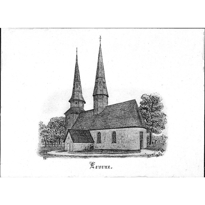 Source caption: "Levene kyrka [...] Kyrkan från sydöst. Tryck av teckning av Ernst Wennerblad, 1887."