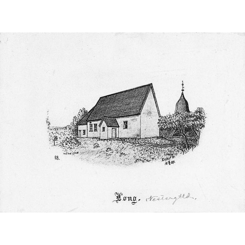 Source caption: "Longs gamla kyrka [...] Kyrkan från sydöst. Tryck efter teckning av Ernst Wennerblad 1887." -- showing the church before the 1897 re-building