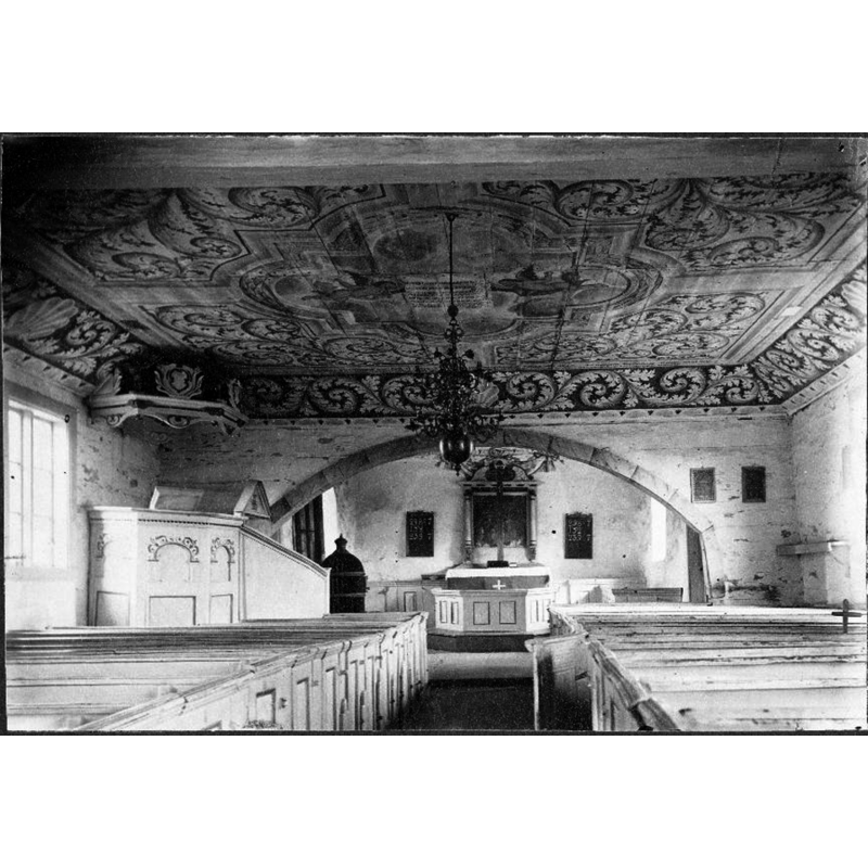 Source caption: "Longs gamla kyrka [...] Interiör mot öster." -- showing the church interior before the 1897 re-building