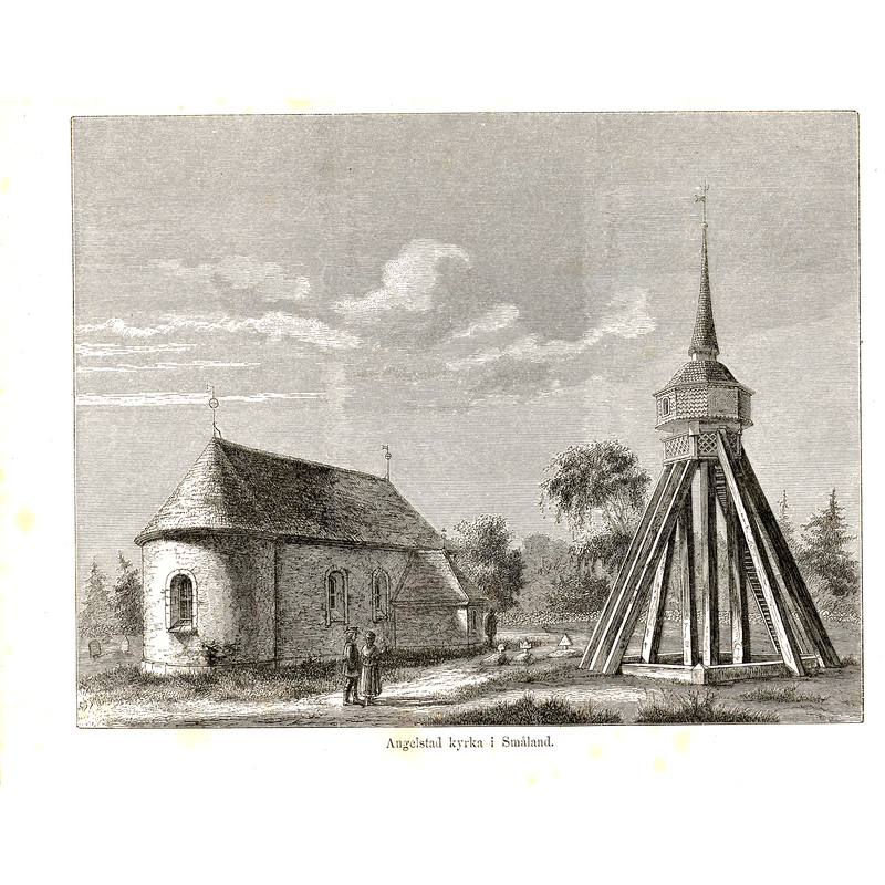 Source caption: "Angelstad kyrka i Småland [...] Illustrasjon hentet fra boken Nordiska taflor av ukjent forfatter og utgitt av Albert Bonnier (se, 1875), Nasjonalbiblioteket"