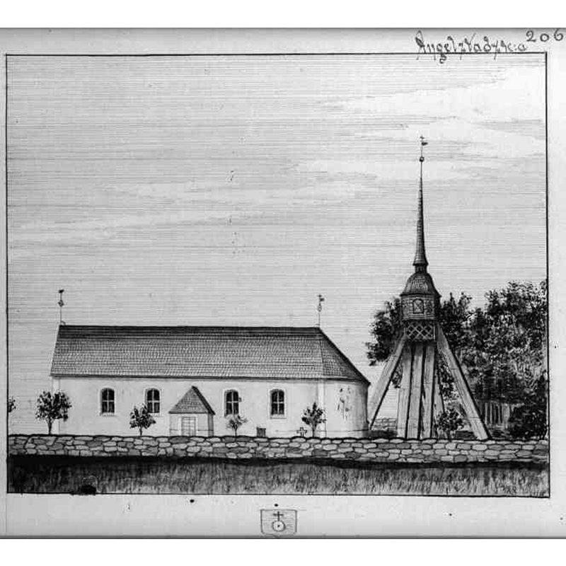 Source caption: "Angelstads kyrka [...] Kyrka och klockstapel. Foto av teckning av Ihrfors, Smolandia Sacra."