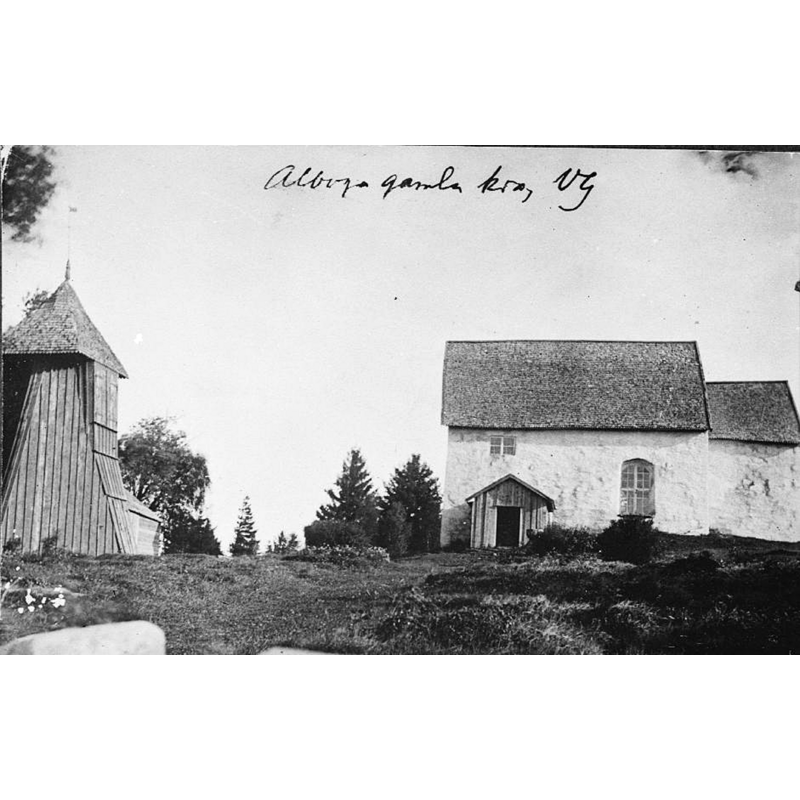 Source caption: "Alboga gamla kyrka [...] Kyrkan från söder. Kyrkan är riven." -- the old church was demolished after July 1892