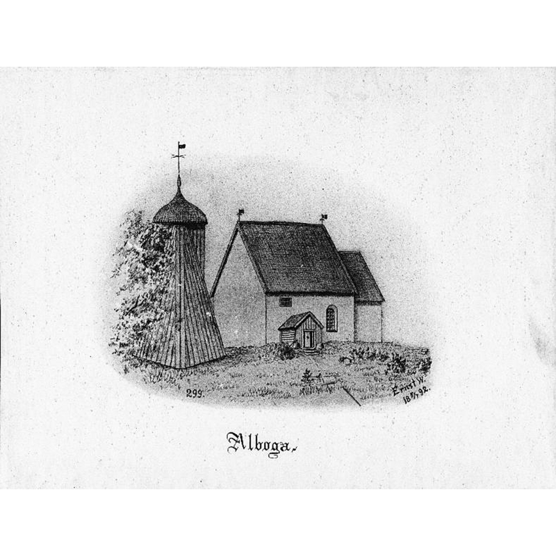Source caption: "Alboga gamla kyrka [...] Kyrkan från söder. Tryck av teckning av Ernst Wennerblad, 1892. Kyrkan är riven." [NB: the old church is said to have been demolished just around that time]