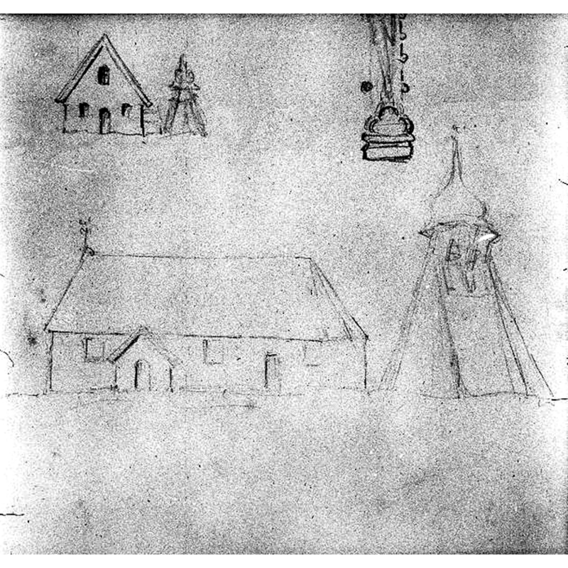 Source caption: "Björketorps kyrka [...] Kyrkans äldre utseende och klockstapeln. Foto av skiss ur Hans Jakob Strömbergs skissbok."