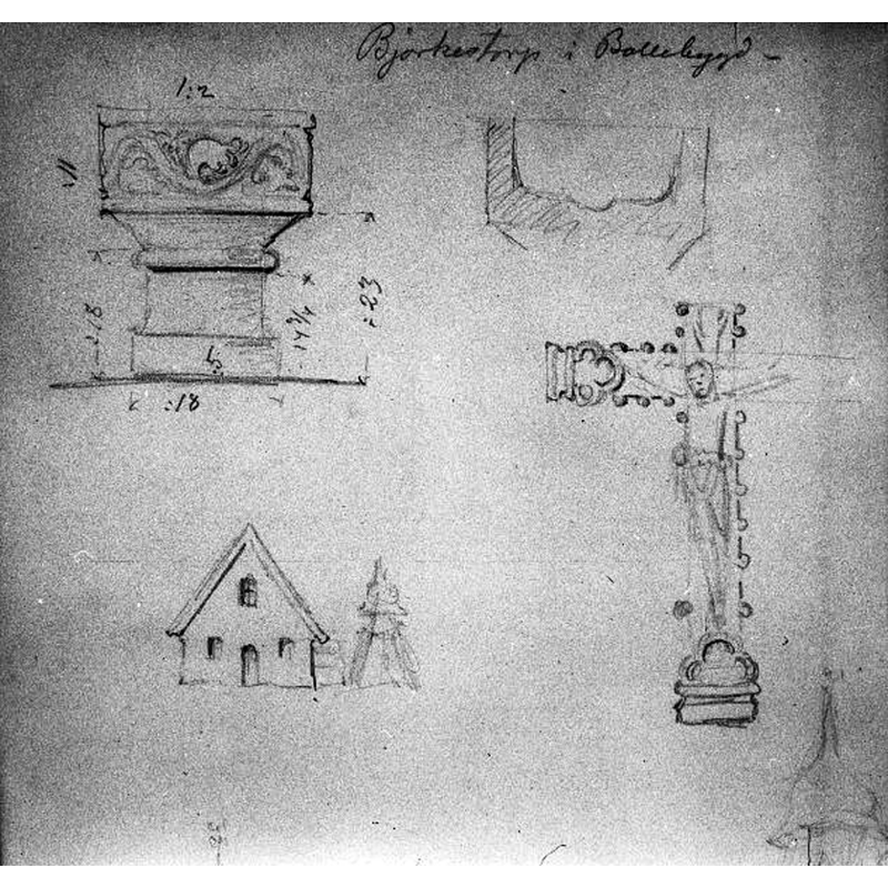 on the upper half of the page are a drawing of the font with measurements and a section of the basin showing no drainl the crucifix is, like the font itself, 13thC -- the page belongs to a sketch book by Hans Jakob Strömberg [NB: the measurements appear to be in fot / tum, roughly equivalent to foot / inch]
