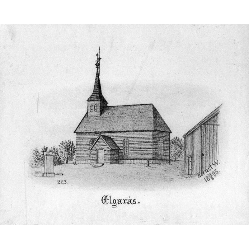 Source caption: "Älgarås kyrka [...] Kyrkan från syd. Tryck efter teckning av Ernst Wennerblad, 1895."