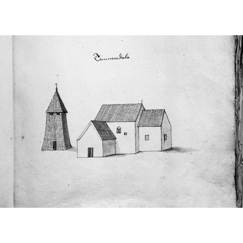 Source caption: "Timmersdala kyrka [...] Kyrkan och klockstapeln från sydöst. Foto efter teckning ur Peringskiölds Monumenta." -- this church would be destroyed by lightning and fire in 1833, and re-built in 1835
