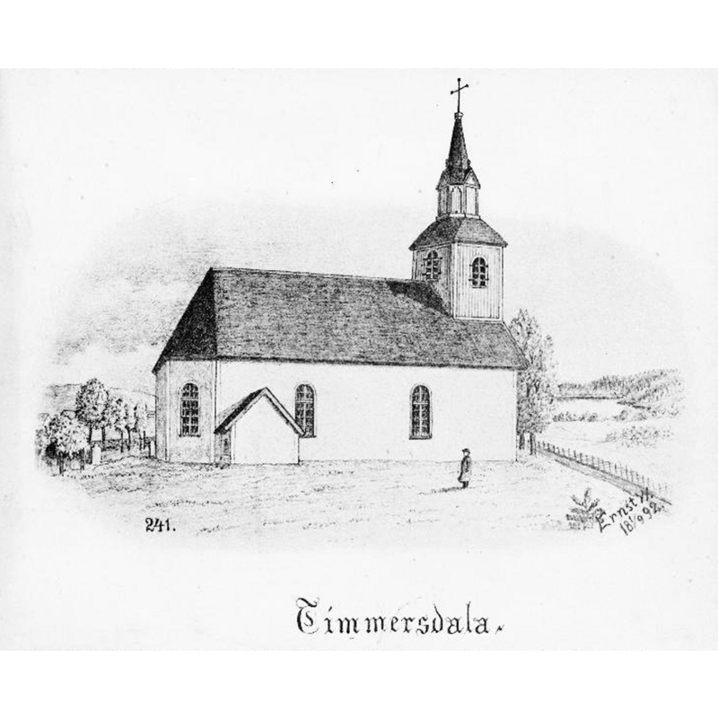 Source caption: "Timmersdala kyrka [...] Kyrkan från nordöst. Tryck efter teckning av Ernst Wennerblad 1892." -- this earlier church had been destroyed by lightning and fire in 1833, and re-built in 1835
