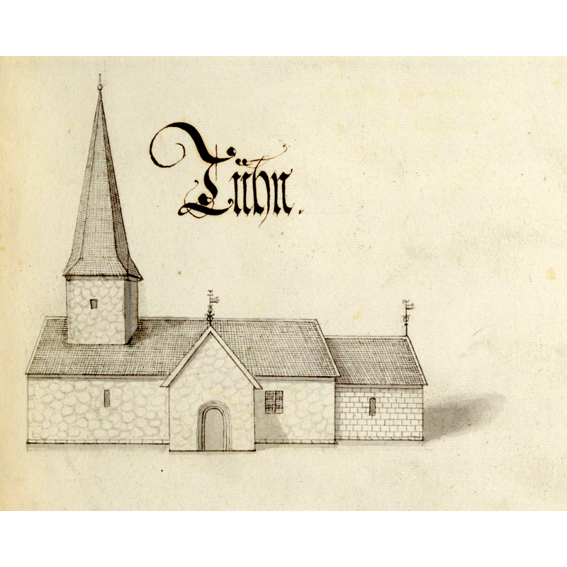 Source caption: "Tuns kyrka. Kyrka, äldre, teckning ur Peringskiölds Monumenta, avfotograferad i färg." -- this church would be demolished in 1846 and a new one built on the same site and re-using some of the remnants of the old