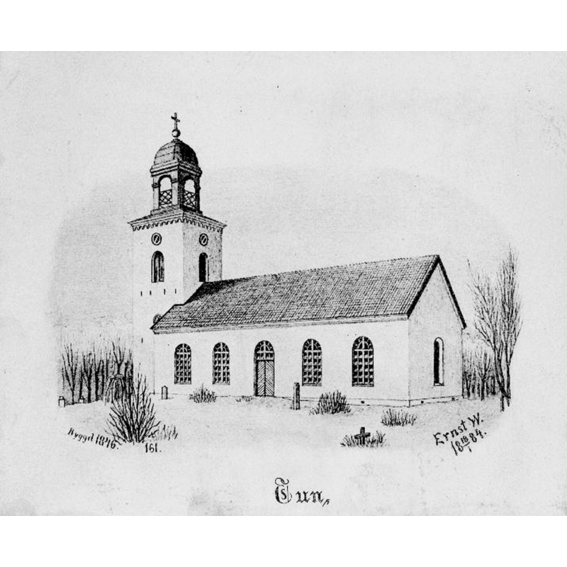Source caption: "Tuns kyrka [...] Kyrkan från sydöst. Tryck efter teckning av Ernst Wennerblad 1884."