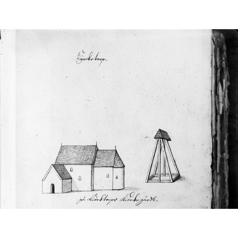Source caption: "Södra Kyrketorps kyrkplats [...] Kyrkan och klockstapeln från sydöst. Foto efter teckning ur Peringskiölds Monumenta."