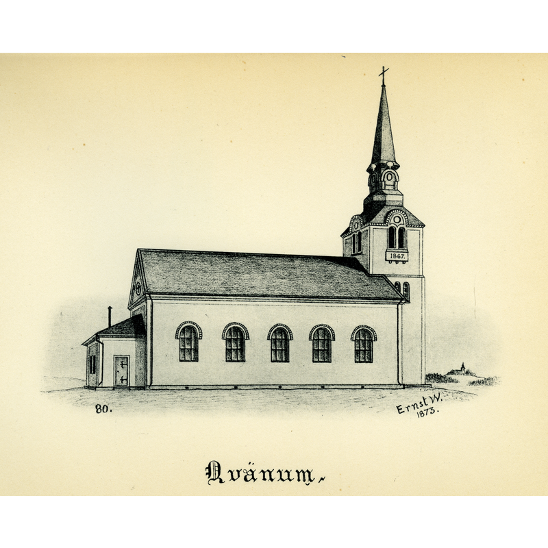 Source caption: "Kvänums kyrka år 1873 i Skånings härad, Skara stift, Västergötland, Sverige. Teckning av Ernst Wennerblad ur Skara stifts kyrkor (1902)."