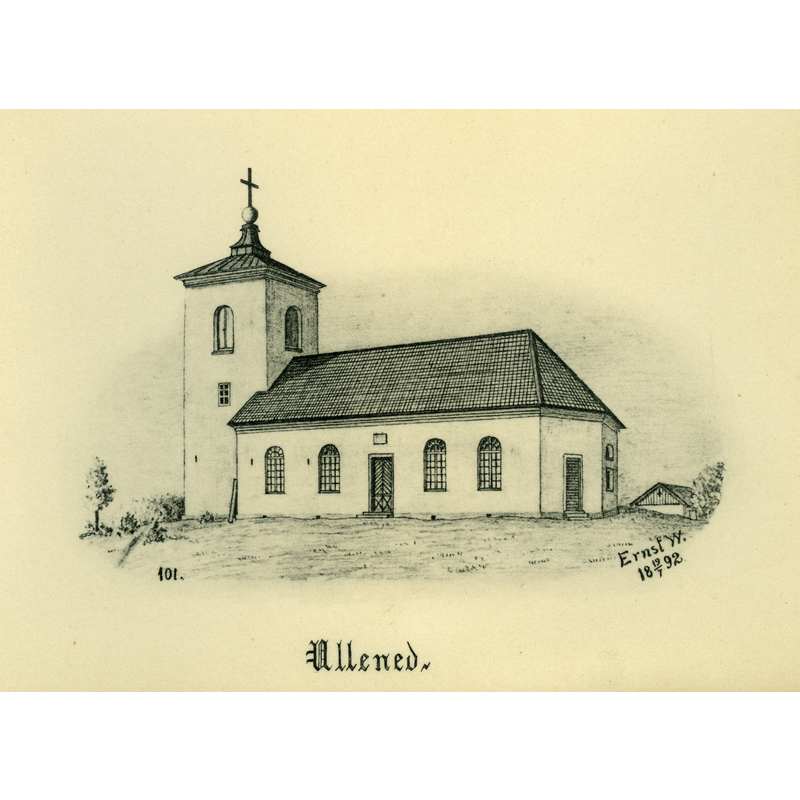 Source caption: "Ullene kyrka år 1892 i Vilske härad, Skara stift, Västergötland, Sverige. Teckning av Ernst Wennerblad ur Skara stifts kyrkor (1902)." -- the new church had been built in 1847