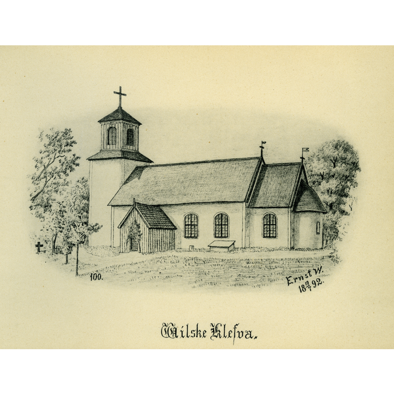 Source caption: "Vilske-Kleva kyrka år 1892 i Vilske härad, Skara stift, Västergötland, Sverige. Teckning av Ernst Wennerblad ur Skara stifts kyrkor (1902)."