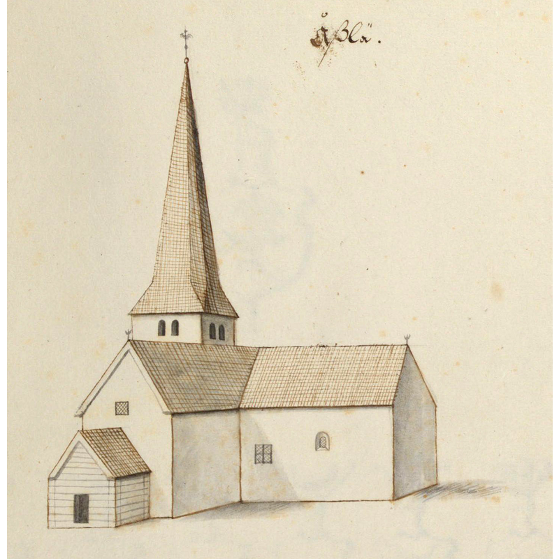 Source caption: "Åsle kyrka. Kyrka, äldre, teckning ur Peringskiölds Monumenta, avfotograferad i färg [...] End of the 17th century"
