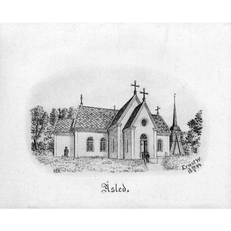 Source caption: "Åsle kyrka [...] Kyrkans exteriör. Tryck efter teckning av Ernst Wennerblad 1894."
