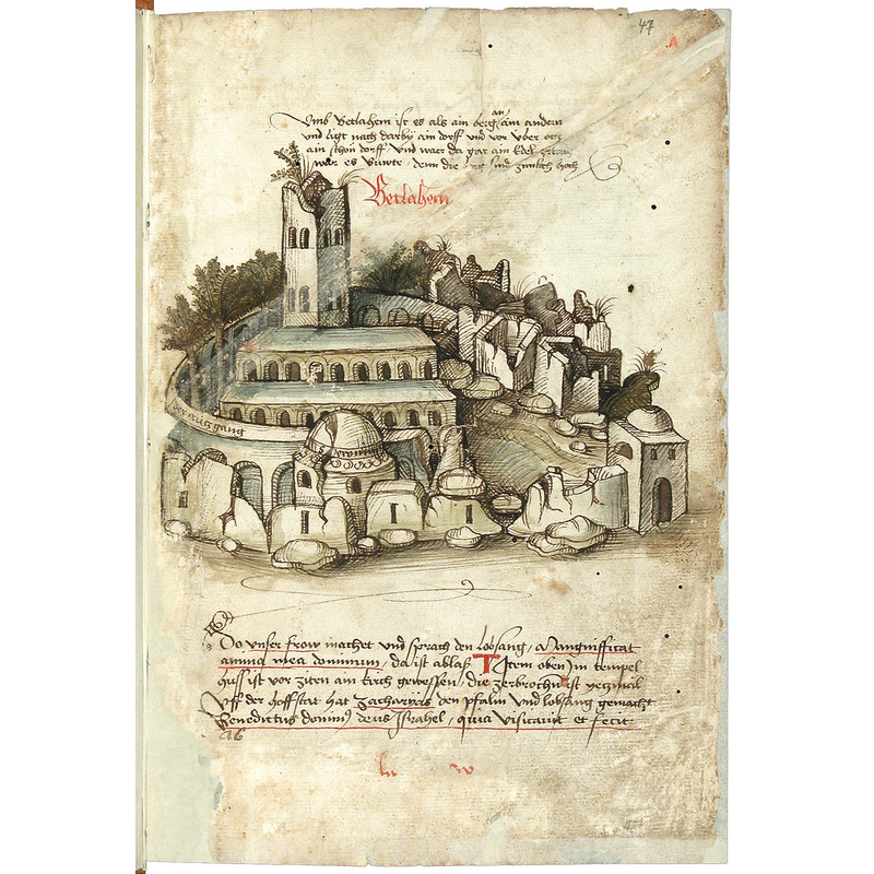Source caption: "Konrad von Grünenberg: Beschreibung der Reise von Konstanz nach Jerusalem - Cod. St. Peter, pap. 32. Handschrift, Bodenseegebiet (Konstanz?), um 1487. II + 53 Blätter, 32x21, mit 31 kolorierten Zeichnungen der Reiseroute von Venedig bis Palästina. Text in alemannischer Mundart."