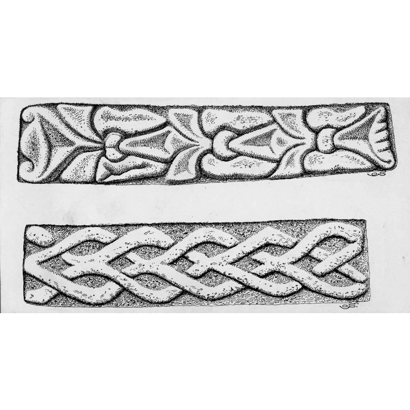 Source caption: "Gällstads kyrka [...] Dopfunt, romansk, detalj, ornament. Teckning av Olof Sörling."