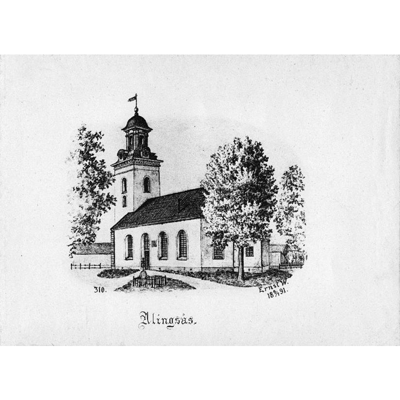 Source caption: "Christinae kyrka [...] Kyrkan från sydöst. Tryck ur Ernst Wennerblads "Skara stifts kyrkor"."