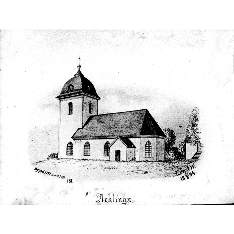 Source caption: "Acklinga kyrka [...] Kyrkan från sydöst. Teckning ur Ernst Wennerblads "Skara stifts kyrkor"." [NB: the new church; the medieval church had been demolished in the 1770s, at the time of the construction of this building]