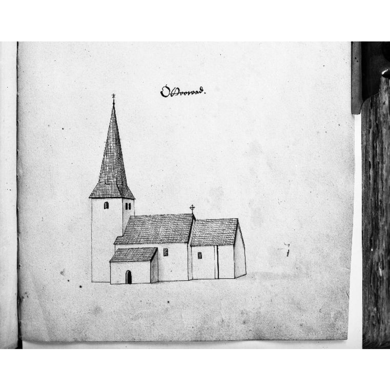 Source caption: "Ottravads kyrkplats [...] Kyrkan från sydöst. Foto efter teckning ur Peringskiölds Monumenta."