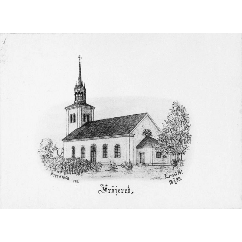 Source caption: "Fröjereds kyrka [...] Kyrkan från sydöst, efter teckning av Ernst Wennerblad, 1899."