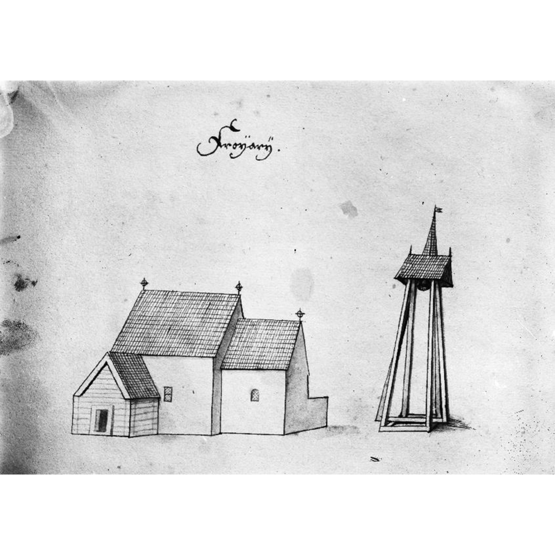 Source caption: "Fröjereds kyrkplats [...] Kyrka och klockstapel, teckning i Peringskiölds Monumenta, avfotograferad." -- the medieval church seen here  would be demolished in the mid-19thC