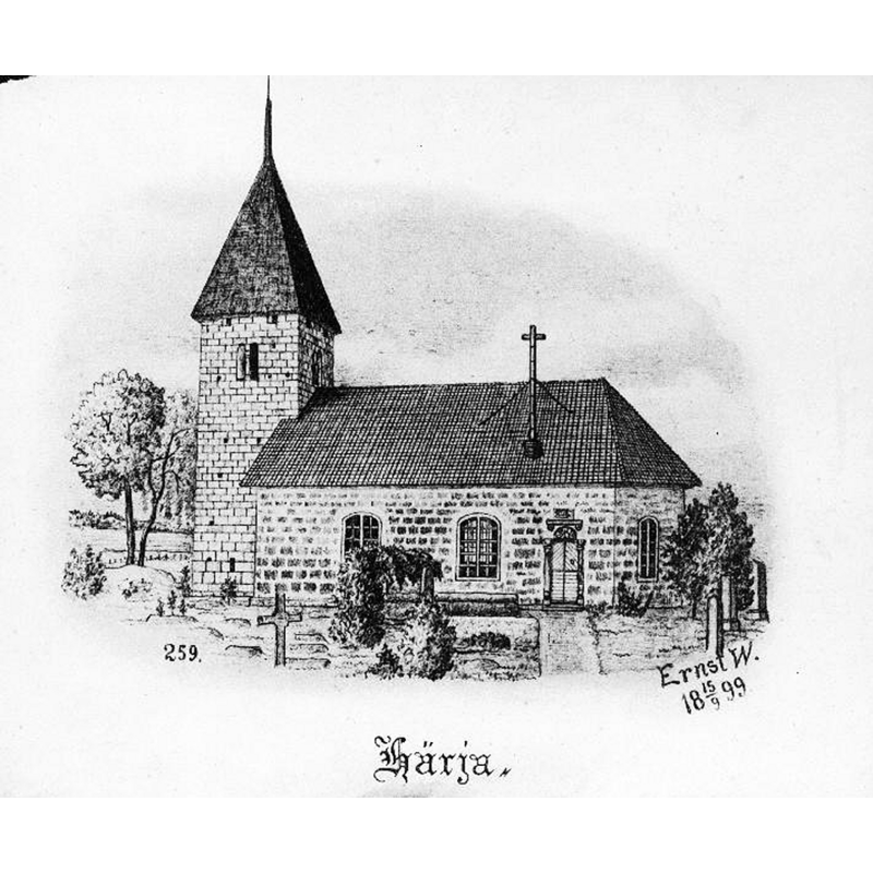 Source caption: "Härja kyrka [...] Kyrkan från söder, efter teckning av Ernst Wennerblad, 1899."
