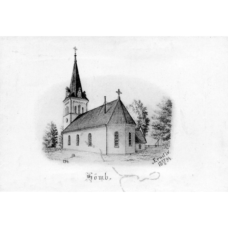 Source caption: "Hömbs kyrka [...] Kyrkan från sydöst. Tryck efter teckning av Ernst Wennerblad 1894."