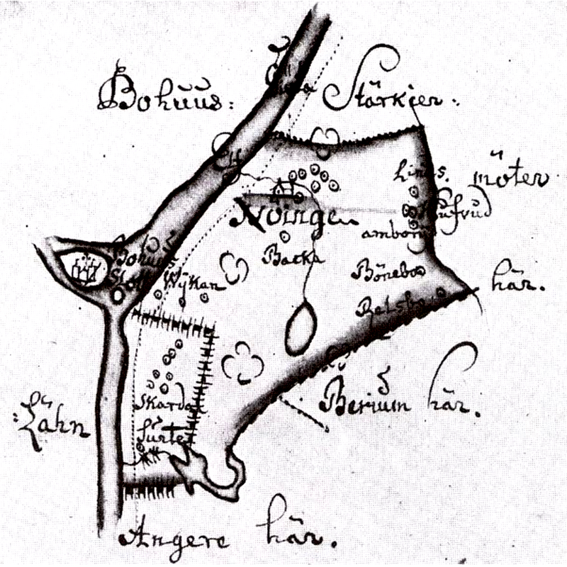 Source caption: "Map of Nödinge municipality north of Gothenburg, Sweden, drawn before 1715."