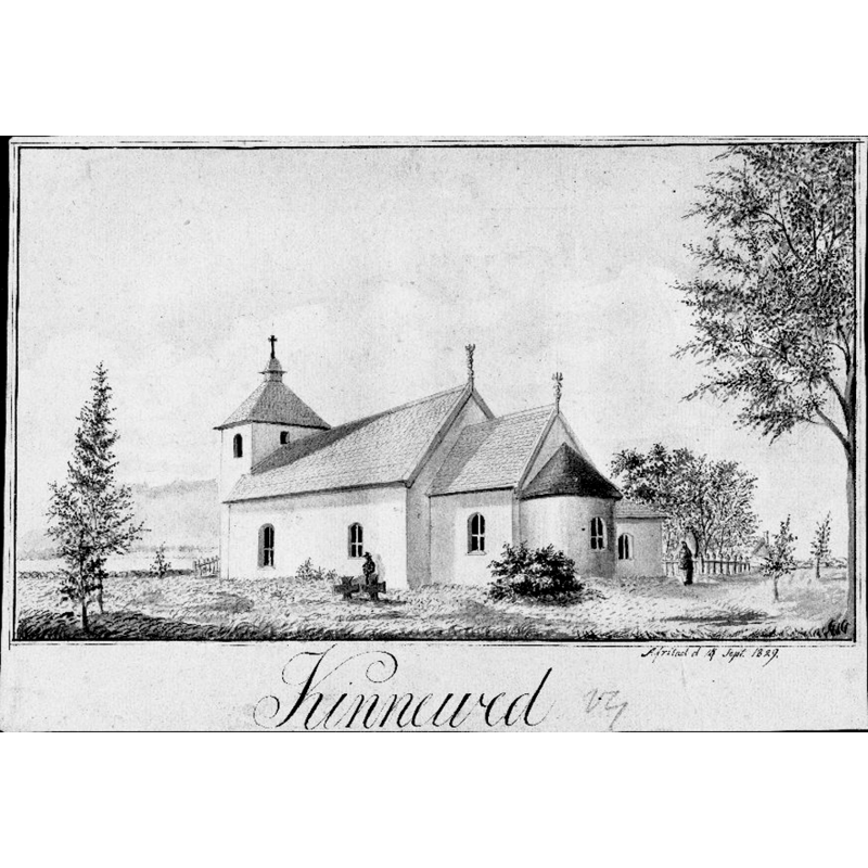 Source caption: "Kinneveds kyrka [...] Kyrkan från sydöst. Tryck av teckning, 1829."