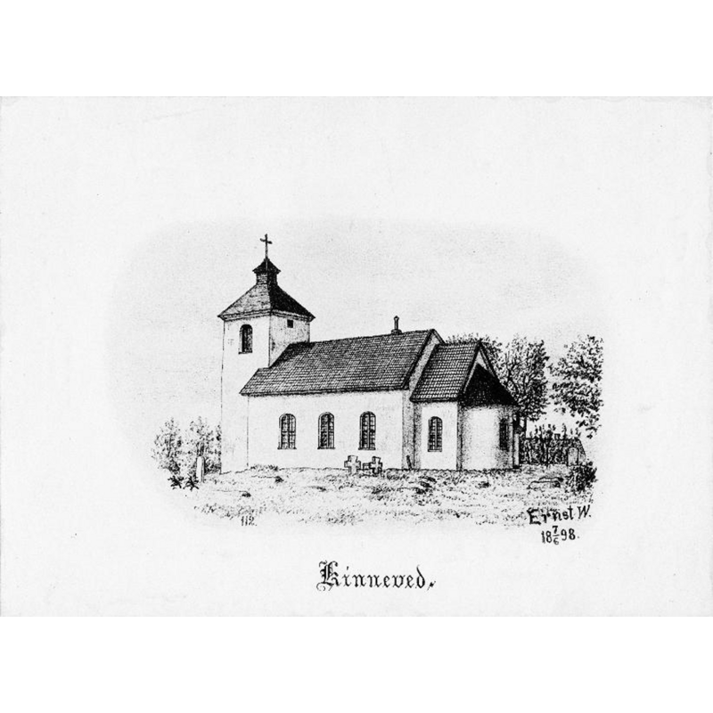 Source caption: "Kinneveds kyrka [...] Kyrkan från söder. Tryck av teckning av Ernst Wennerblad, 1898."