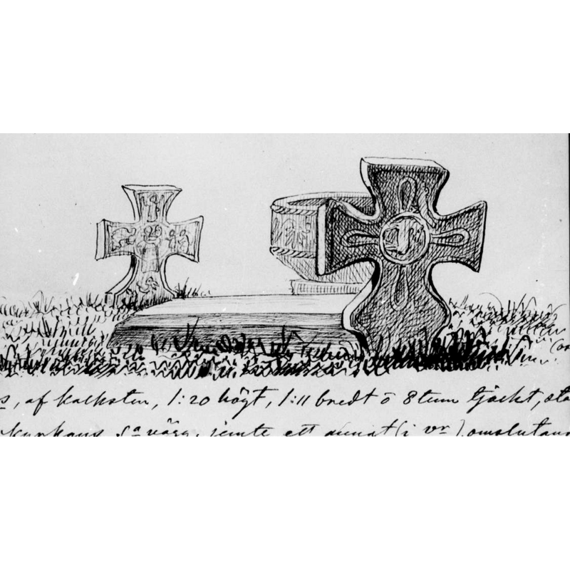 Source caption: "Kinneveds kyrka [...] Grav, utanför södra långhusväggen. Foto av teckning ur P.A. Säves Berättelser för år 1863." [NB: the inclusion of the font in the drawing may not represent its actual location at the time]