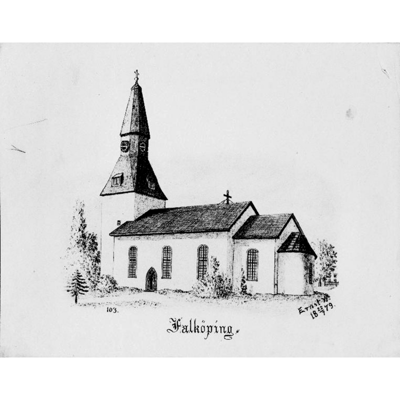 Source caption: "Falköping, Ankt Olofs lyrka [...] Kyrkan från sydöst. Tryck efter teckning av Ernst Wennerblad 1879."