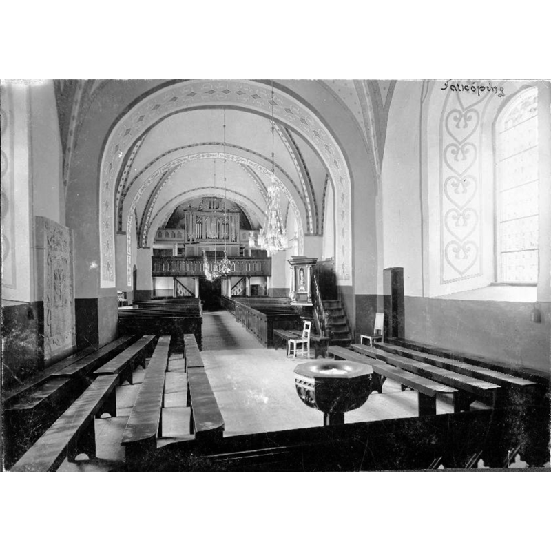Source caption: "Falköping, Ankt Olofs lyrka [...] Interiör mot väster." [NB: the font seen here is probably 18thC and would be replaced ca. 1945 by a newer one]