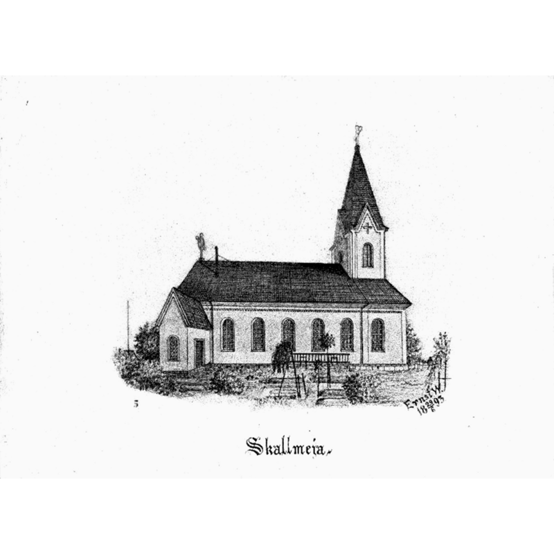 Source caption: "Skallmeja kyrka [...] Kyrkan från norr, efter teckning av Ernst Wennerblad, 1893."
