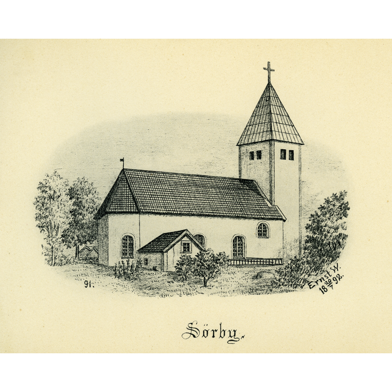 Source caption: "Sörby kyrka år 1892 i Vilske härad, Skara stift, Västergötland, Sverige. Teckning av Ernst Wennerblad ur Skara stifts kyrkor (1902)."