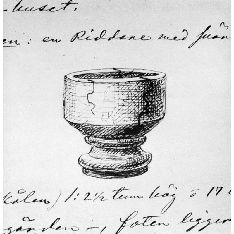 Source caption: "Sörby kyrka [...] Dopfunt, sandsten, romansk, 1200-talet. Foto efter teckning ur P.A. Säve: Berättelse för år 1863." [NB: the text below the drawing appears to have some measurements in old Swedish length units]