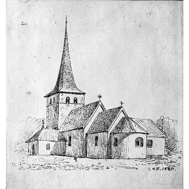 Source caption: "Valstads kyrka [...] Kyrkan från sydöst, teckning av O. Sörling, 1886, avfotograferad."