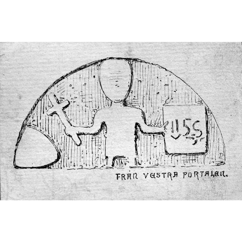 "Västportalens tympanon visar en gestalt med korsstav i höger hand och en bok med inskriften "DNS HIS XPS" i vänsterhanden." -- notice the similarity with one of the basin panels on the baptismal font from Ottravad