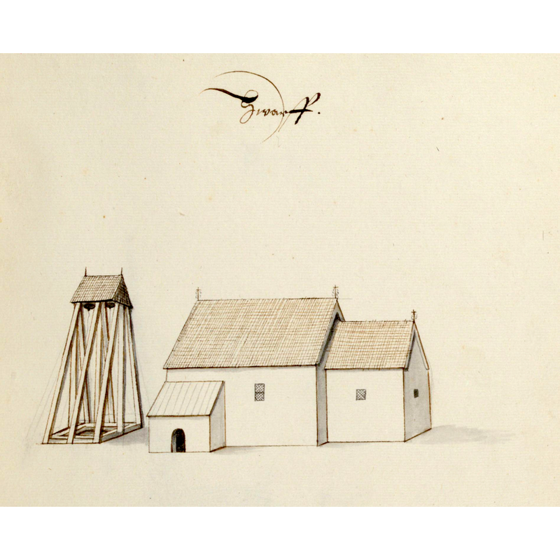 Source caption: "Varvs kyrka, Västergötland. Kyrka, äldre, teckning ur Peringskiölds Monumenta, avfotograferad i färg." -- the medieval church would be demolished in 1861
