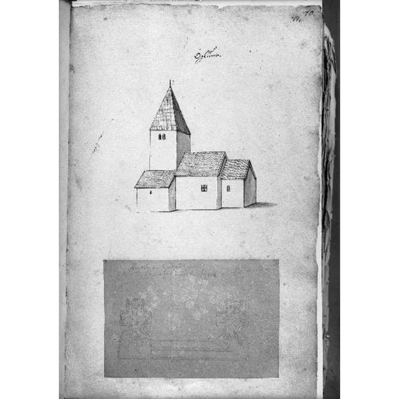 Source caption: "Öglunda kyrka [...] Äldre bild av kyrkan. Foto efter teckning i Peringskiölds monumenta."