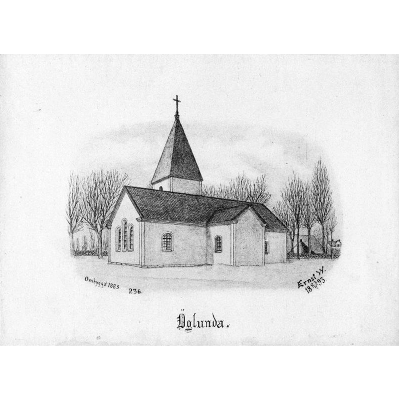 Source caption: "Öglunda kyrka [...] Kyrkan från sydöst. Tryck efter teckning av Ernst Wennerblad, 1893."