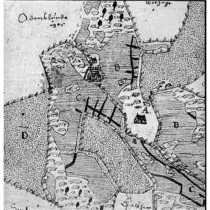 Source caption: "Fresta kyrka [...] Karta, kyrkan och dess omgivning på 1630-talet. Foto efter karta."