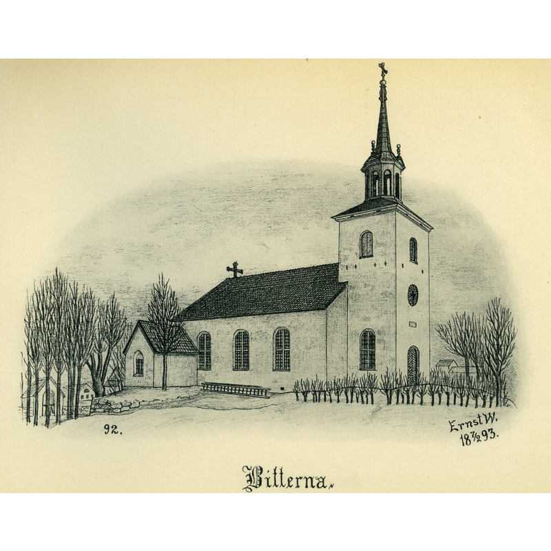 Source caption: "Bitterna kyrka år 1893 i Laske härad, Skara stift, Västergötland, Sverige. Teckning av Ernst Wennerblad ur Skara stifts kyrkor (1902)."