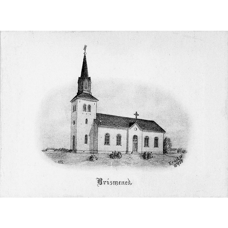 Source caption: "Brismene kyrka [...] Kyrkan från söder. Tryck efter teckning av Ernst Wennerblad, 1879."