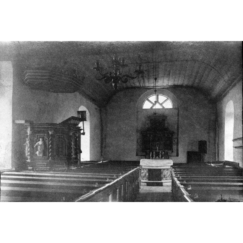 Source caption; "Brunns kyrkoruin [...] Interiör mot öster i den gamla kyrkan, före rivningen." -- view of the interior of the old church in 1893, the year when the old church was replaced by the new one built only a stone's throw away; the old church was in use right to the consecration of the new one
