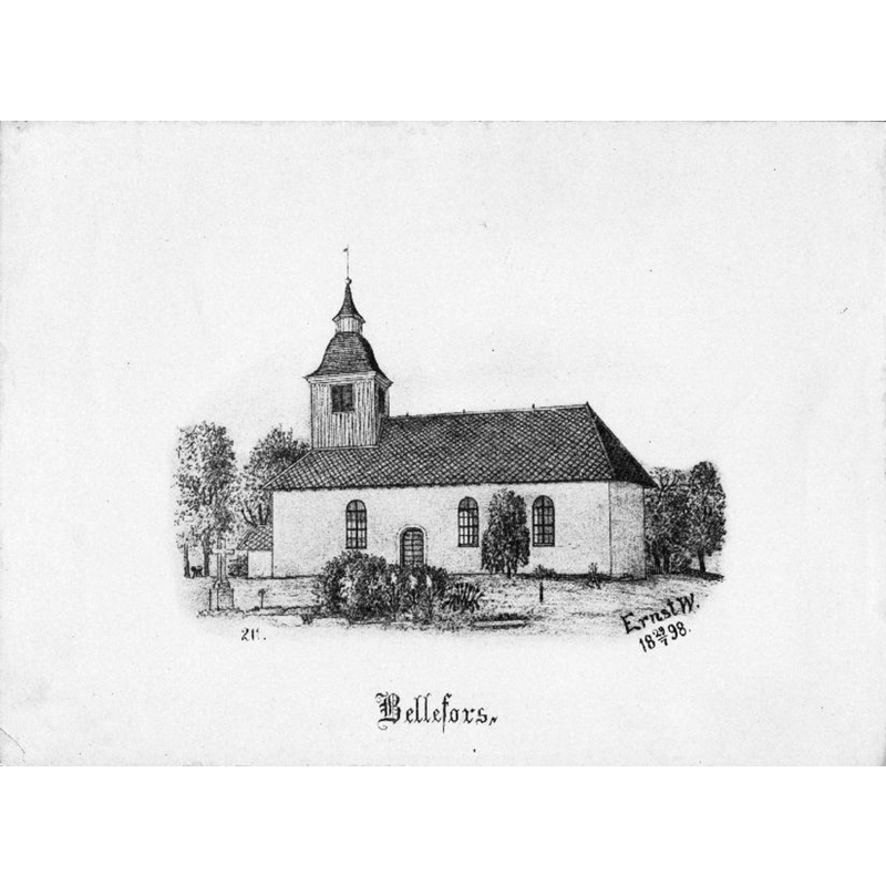 Source caption: "Bällefors kyrka [...] Kyrkan från söder. Tryck efter teckning av Ernst Wennerblad 1898."